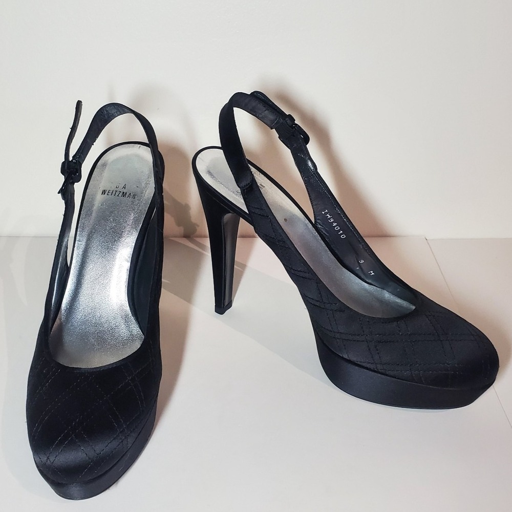 Vintage Stuart Weitzman Black Quilted Satin Platform Slingback Pumps - Size 9M